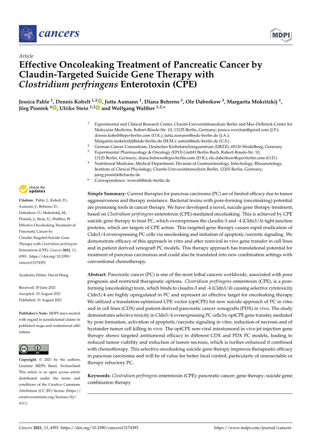 Effective Oncoleaking Treatment of Pancreatic Cancer by Claudin-Targeted Suicide Gene Therapy with Clostridium Perfringens Enterotoxin (CPE)