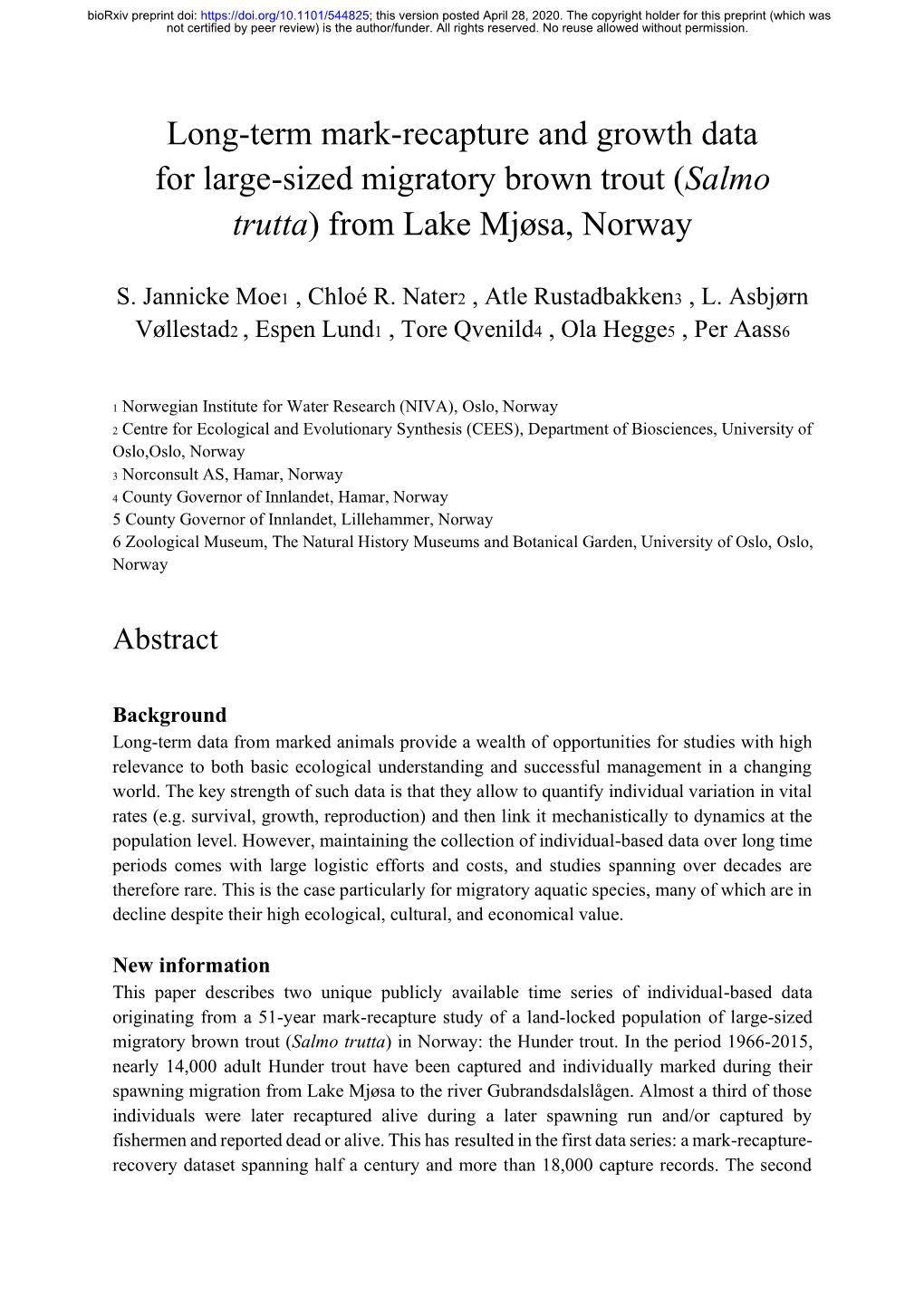 Long-Term Mark-Recapture and Growth Data for Large-Sized Migratory Brown Trout (Salmo Trutta) from Lake Mjøsa, Norway