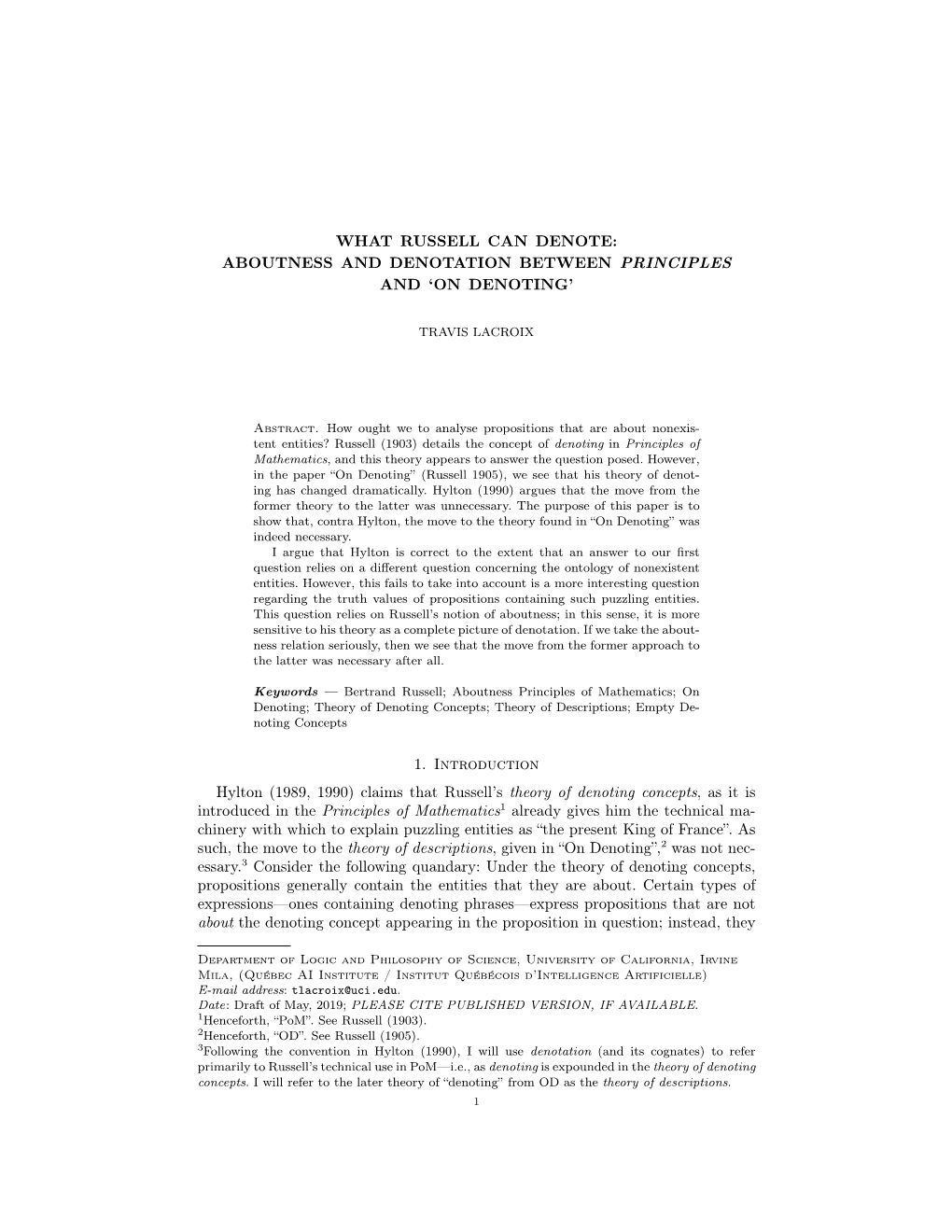 What Russell Can Denote: Aboutness and Denotation Between Principles and ‘On Denoting’