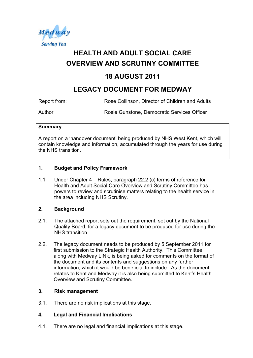 Health and Adult Social Care Overview and Scrutiny Committee 18 August
