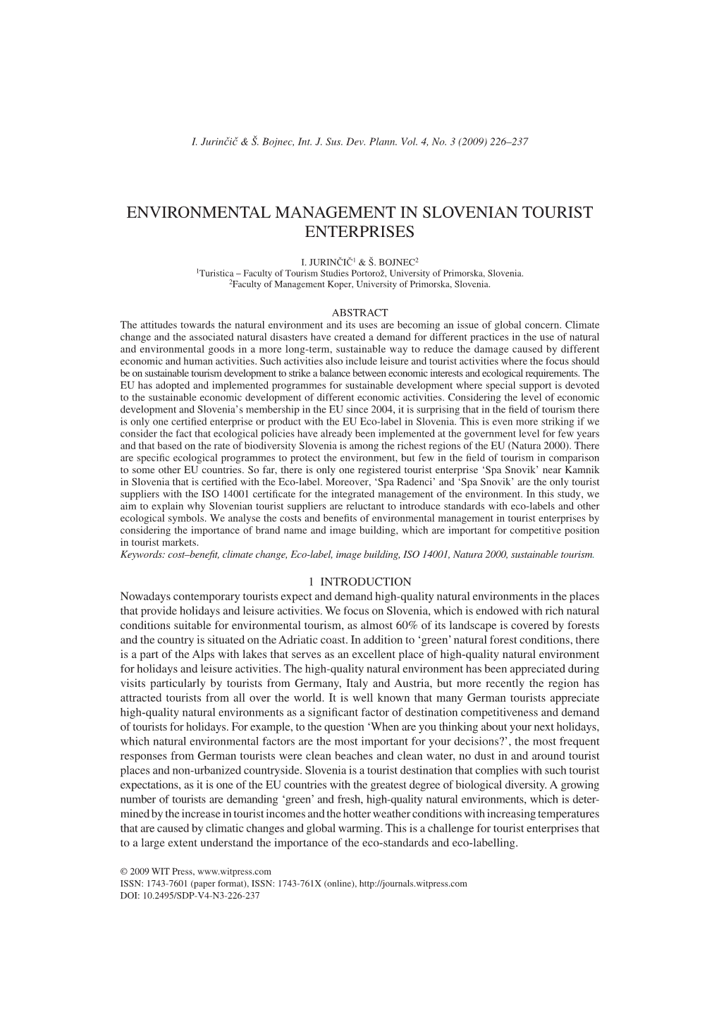 Environmental Management in Slovenian Tourist Enterprises