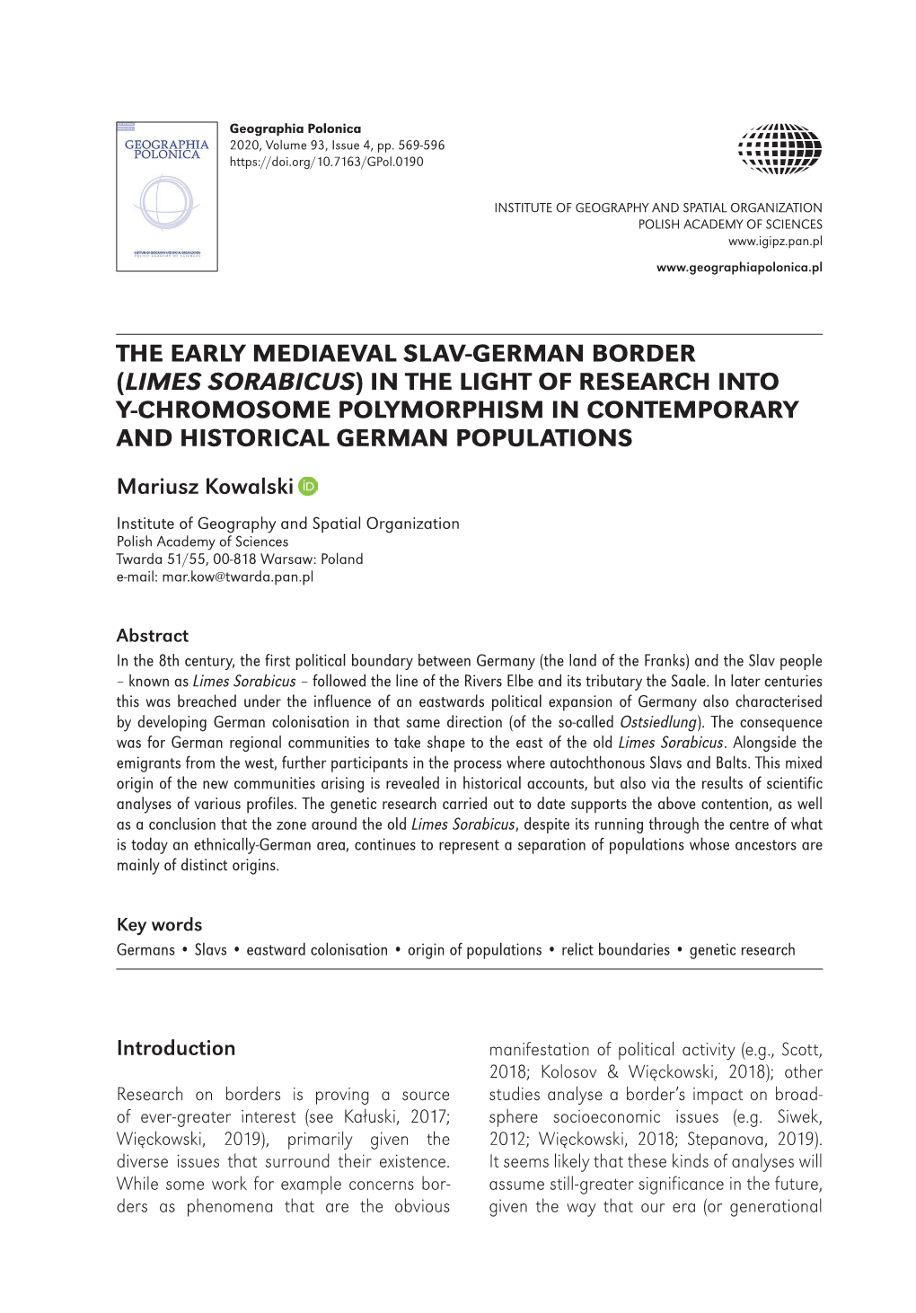 Geographia Polonica Vol. 93 No. 4 (2020), the Early Mediaeval