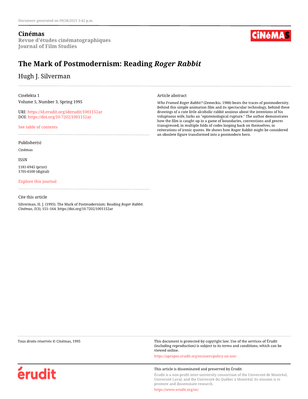 The Mark of Postmodernism: Reading Roger Rabbit Hugh J