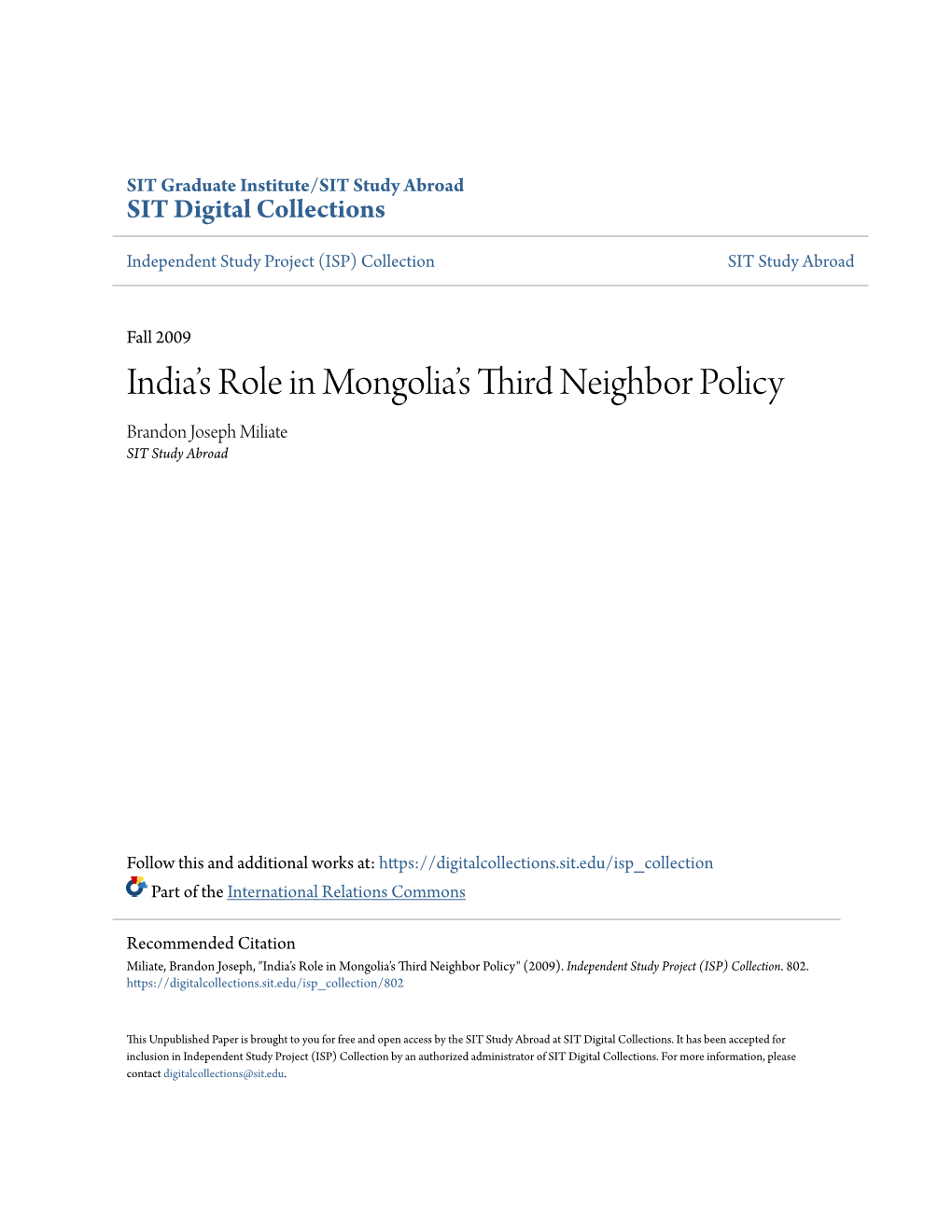 India's Role in Mongolia's Third Neighbor Policy