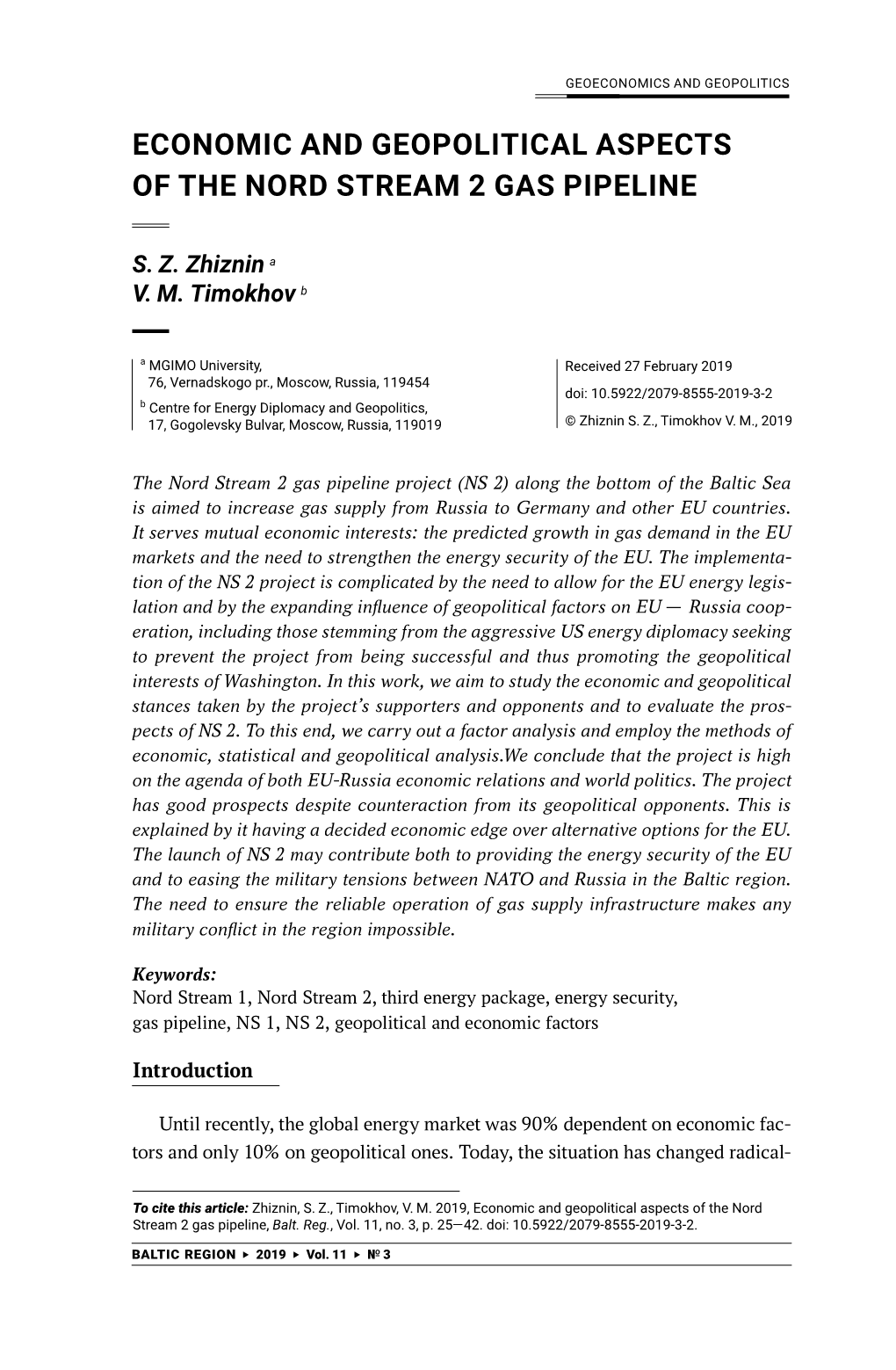 Economic and Geopolitical Aspects of the Nord Stream 2 Gas Pipeline