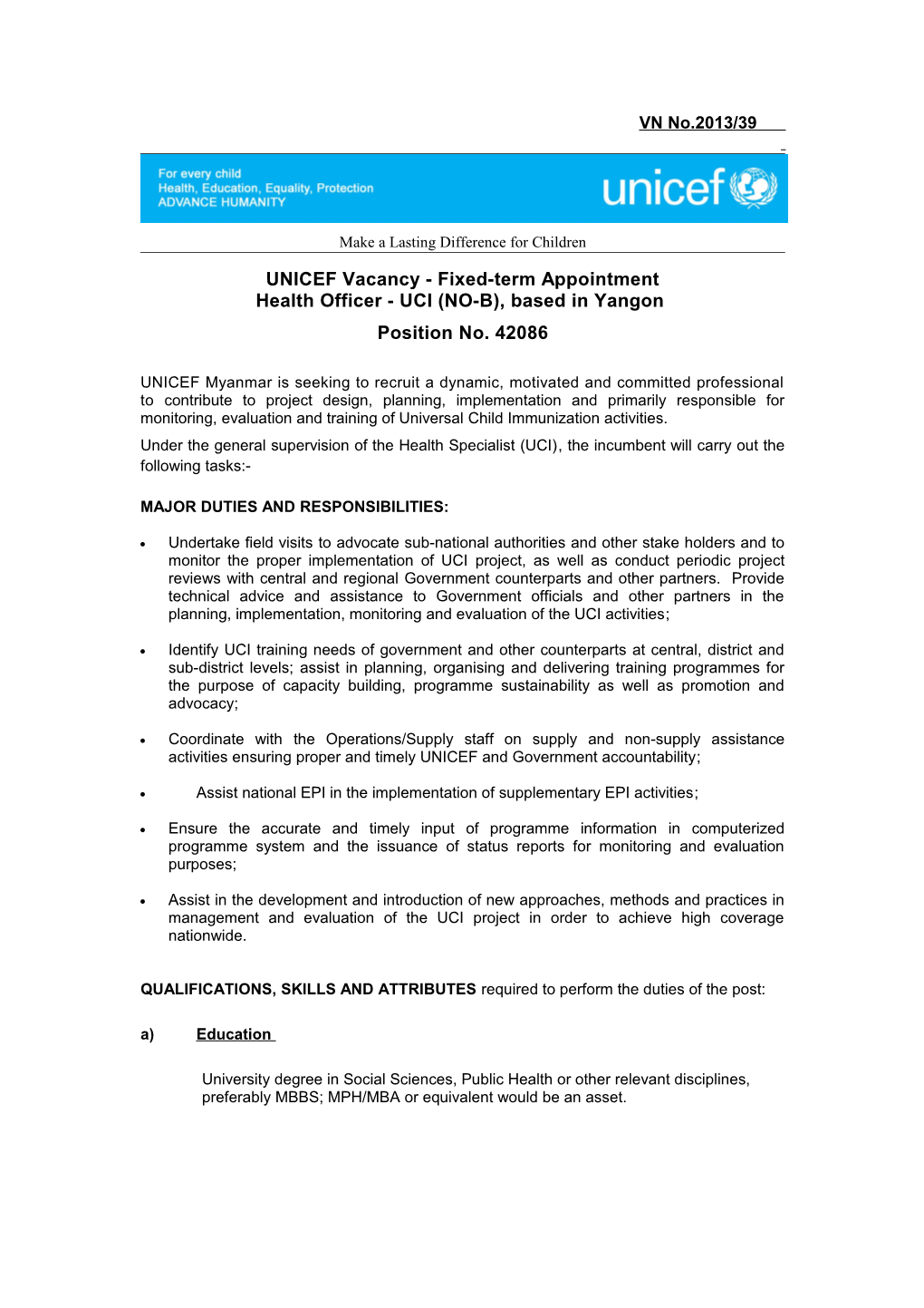 UNICEF Vacancy - Fixed-Term Appointment