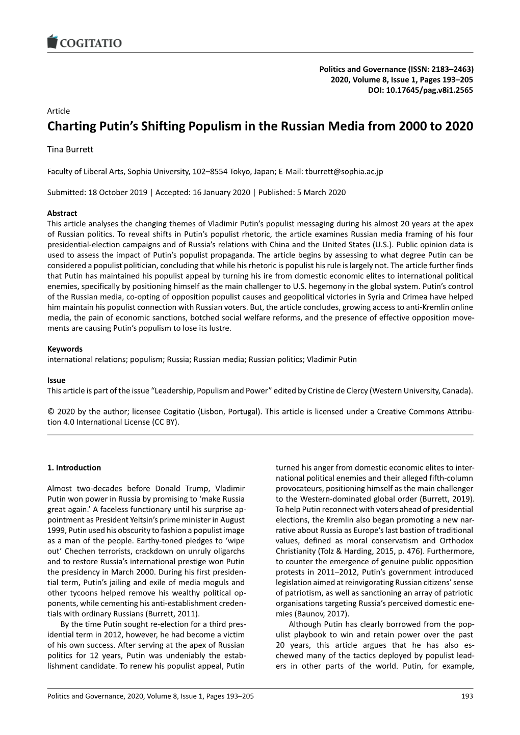 Charting Putin's Shifting Populism in the Russian Media from 2000 to 2020