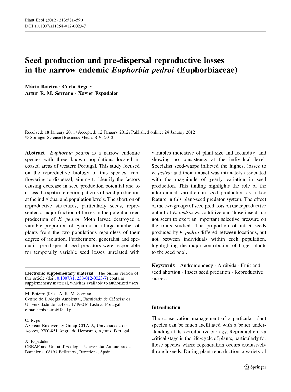 Seed Production and Pre-Dispersal Reproductive Losses in the Narrow Endemic Euphorbia Pedroi (Euphorbiaceae)