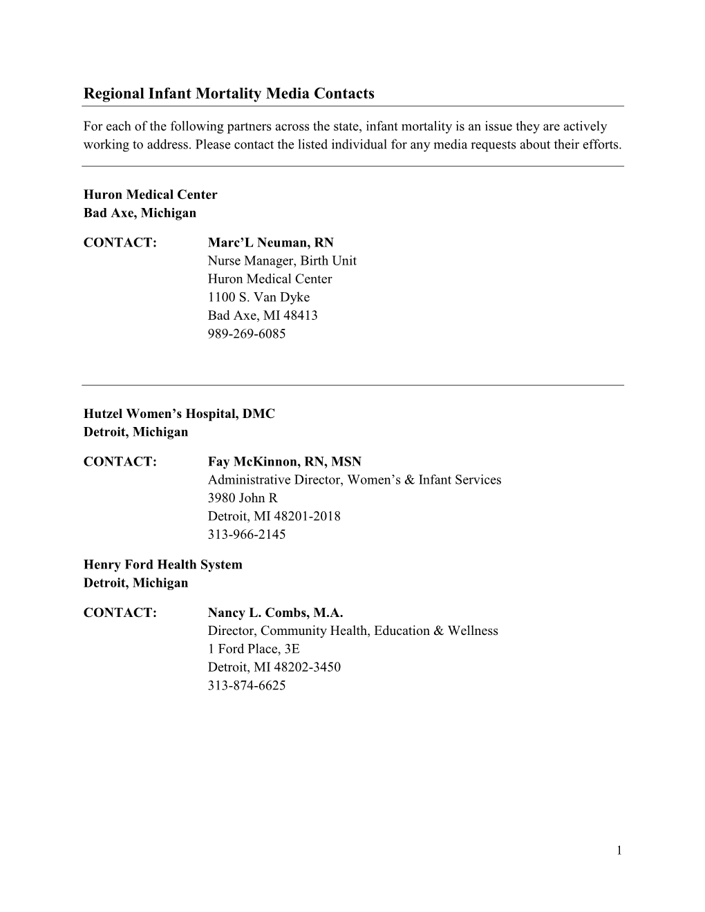 Regional Infant Mortality Media Contacts