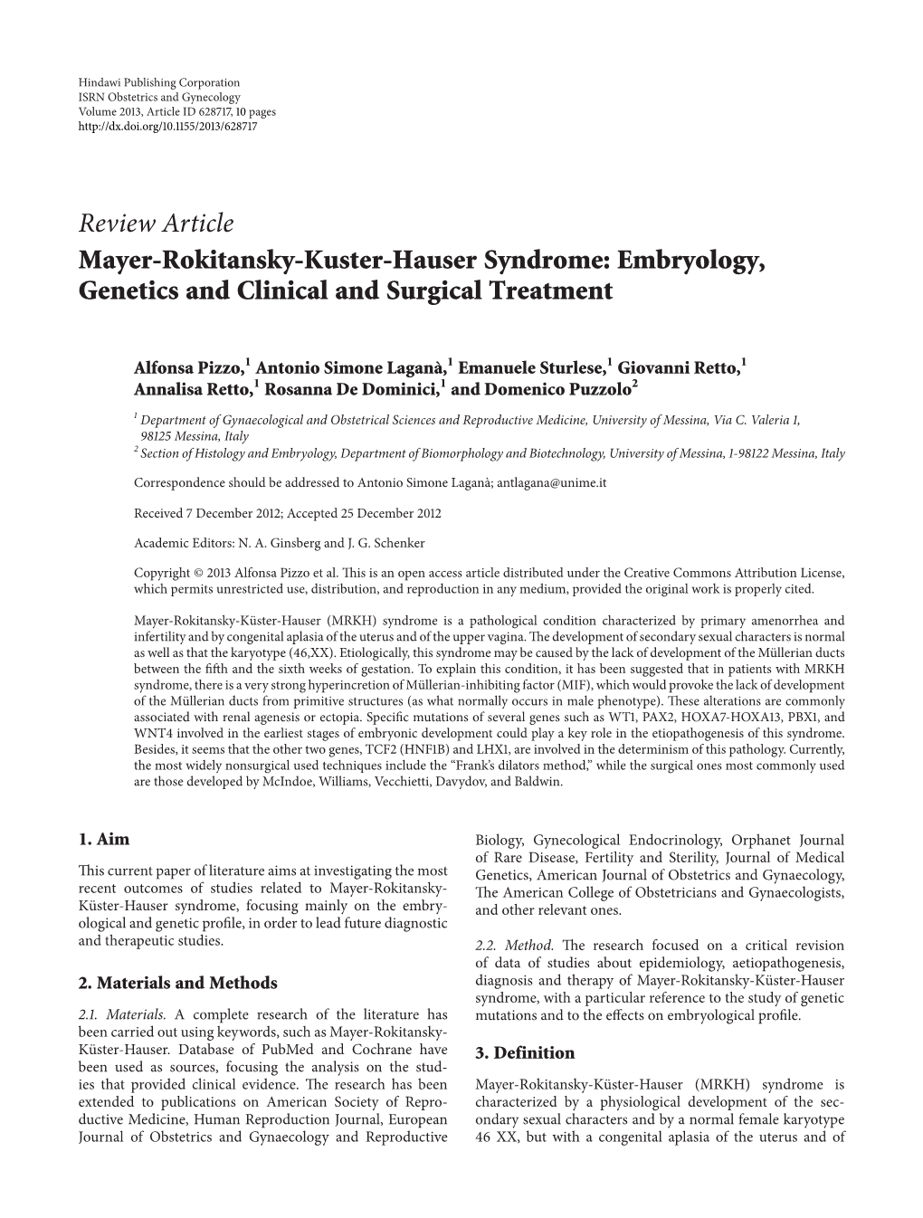 Mayer-Rokitansky-Kuster-Hauser Syndrome: Embryology, Genetics and Clinical and Surgical Treatment