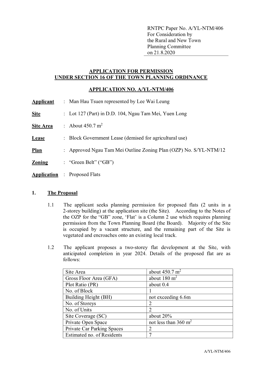 RNTPC Paper No. A/YL-NTM/406 for Consideration by the Rural and New Town Planning Committee on 21.8.2020