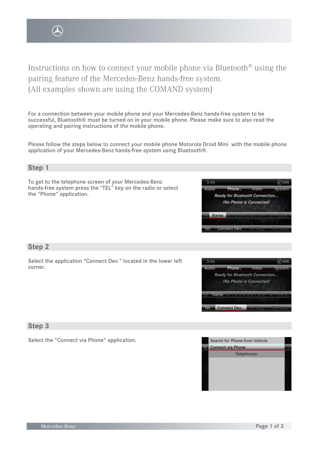 Instructions on How to Connect Your Mobile Phone Via Bluetooth® Using the Pairing Feature of the Mercedes-Benz Hands-Free System