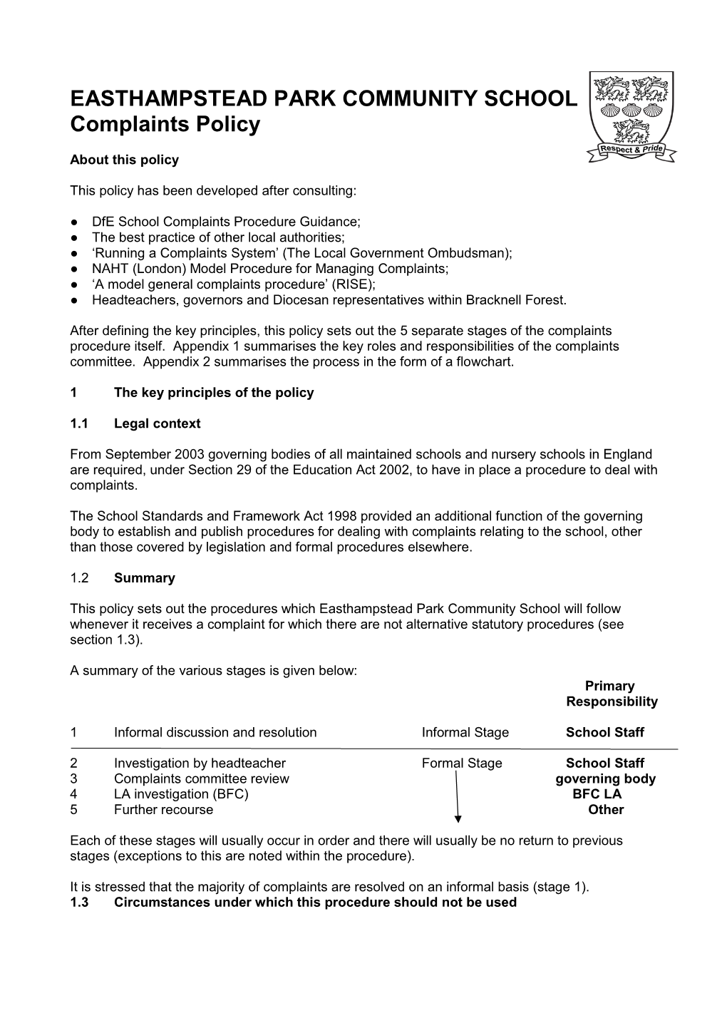 EASTHAMPSTEAD PARK COMMUNITY SCHOOL Complaints Policy