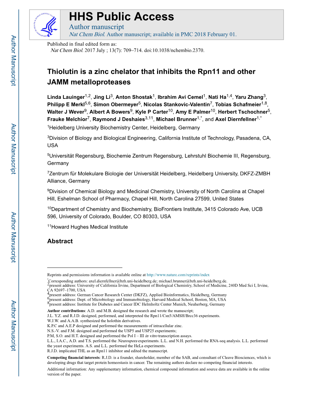 Thiolutin Is a Zinc Chelator That Inhibits the Rpn11 and Other JAMM Metalloproteases