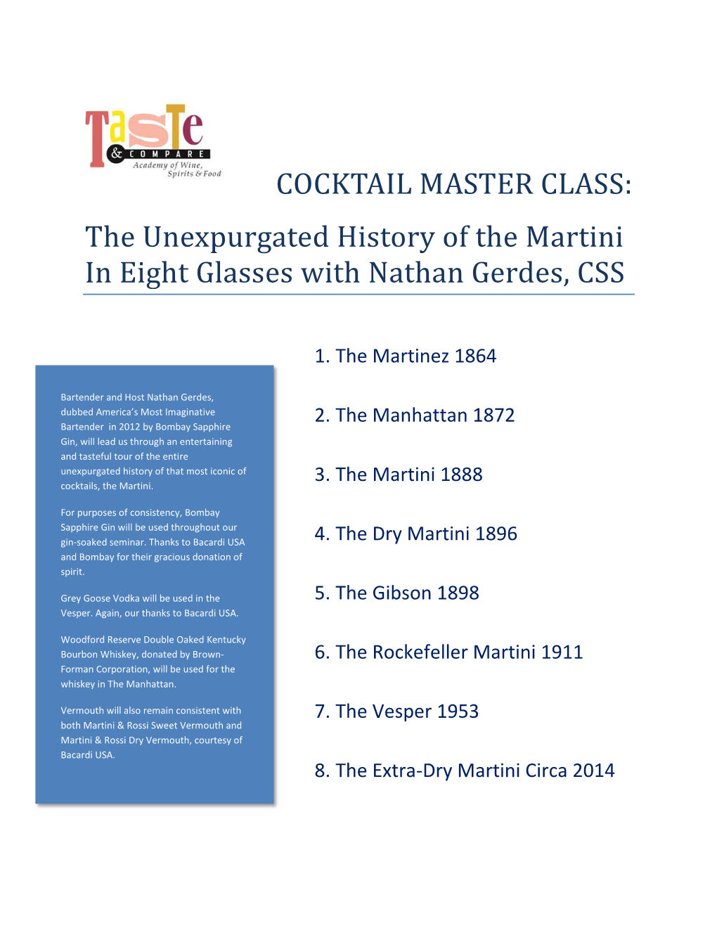 COCKTAIL MASTER CLASS: the Unexpurgated History of the Martini in Eight Glasses with Nathan Gerdes, CSS