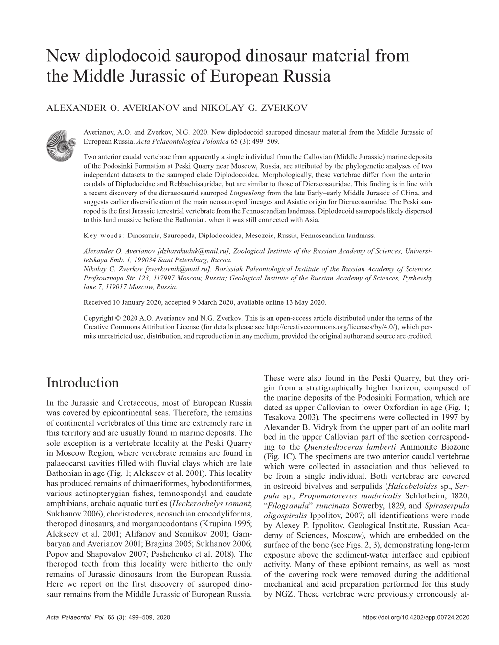 New Diplodocoid Sauropod Dinosaur Material from the Middle Jurassic of European Russia