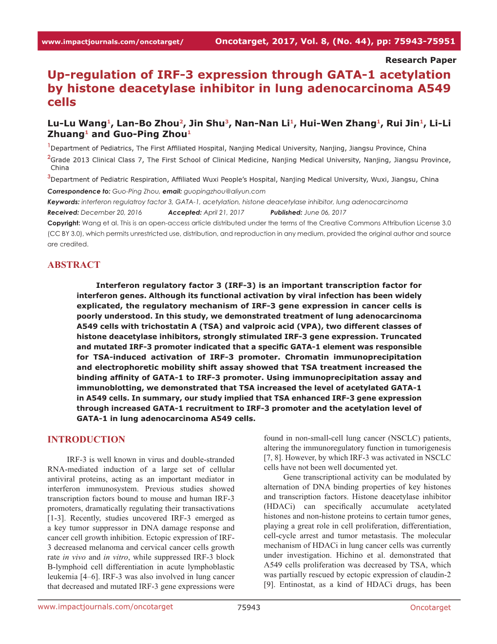 Up-Regulation of IRF-3 Expression Through GATA-1 Acetylation by Histone Deacetylase Inhibitor in Lung Adenocarcinoma A549 Cells