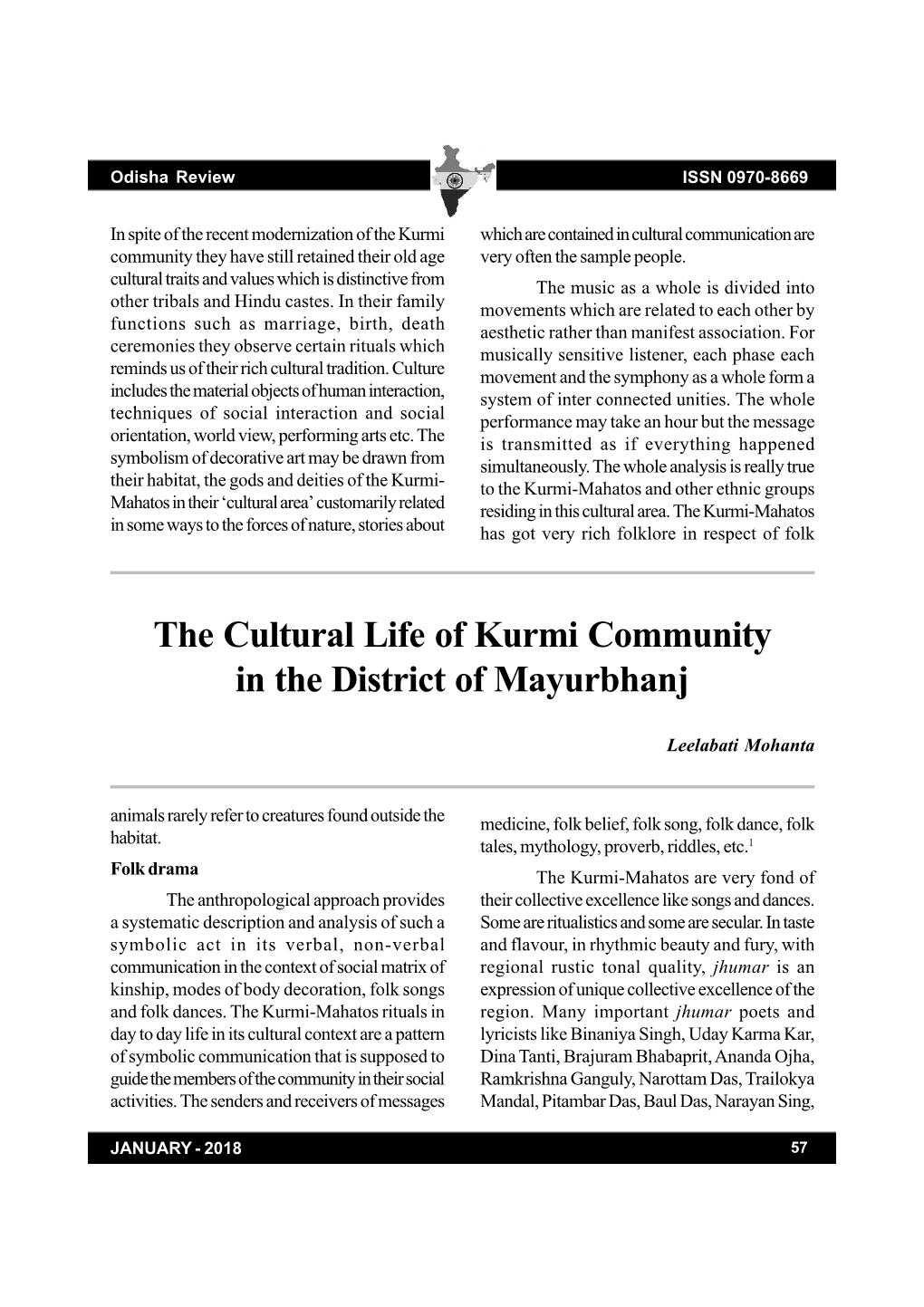 The Cultural Life of Kurmi Community in the District of Mayurbhanj