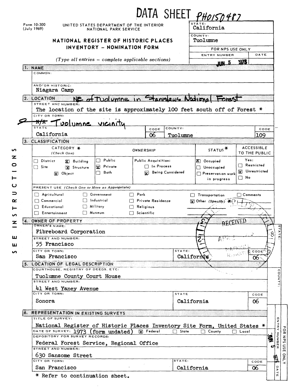 DATA SHEET Form 10-300 UNI TED STATES DEPARTMENT of the INTERIOR S TATE: (July 1969) NATIONAL PARK SERVICE California