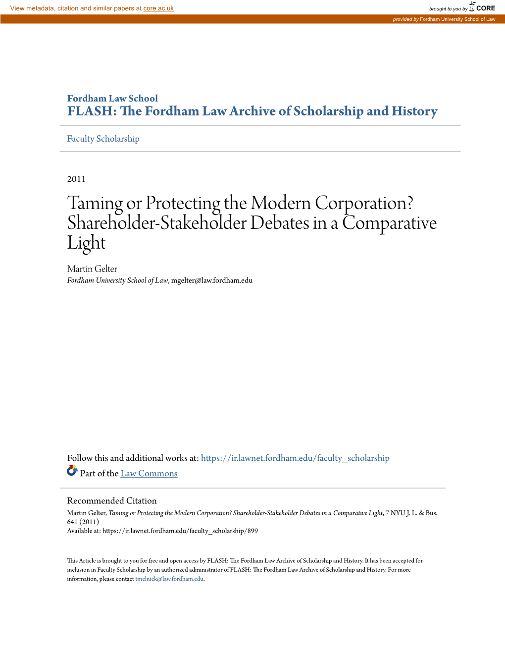 Taming Or Protecting the Modern Corporation?