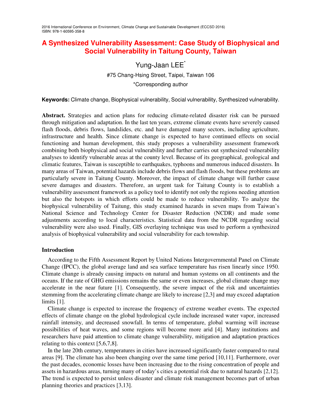 A Synthesized Vulnerability Assessment: Case Study of Biophysical and Social Vulnerability in Taitung County, Taiwan