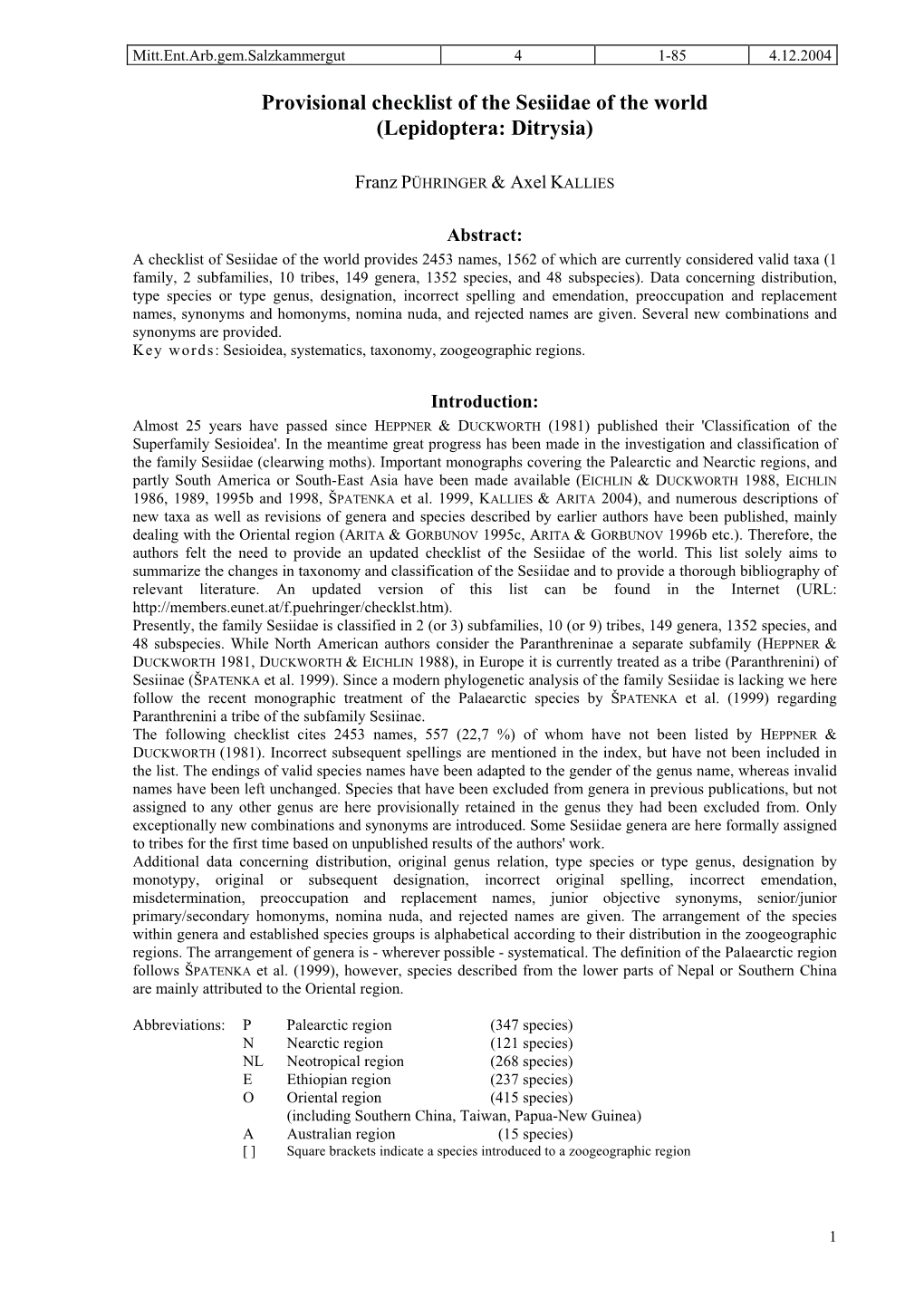 Provisional Checklist of the Sesiidae of the World (Lepidoptera: Ditrysia)