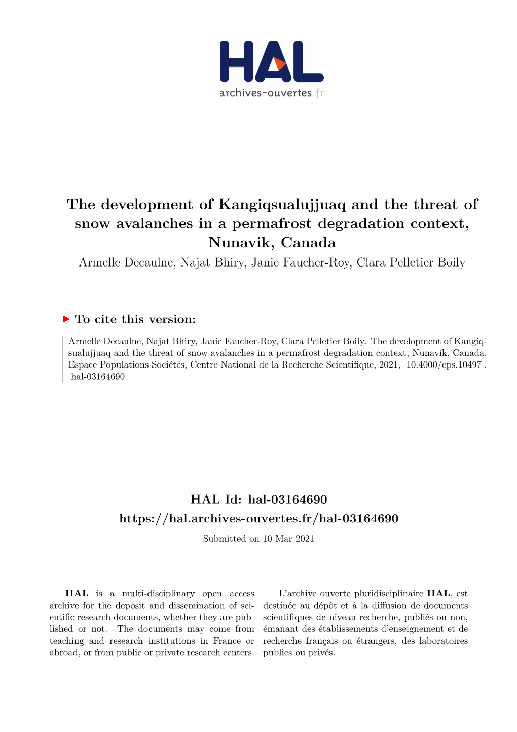 The Development of Kangiqsualujjuaq and the Threat of Snow Avalanches