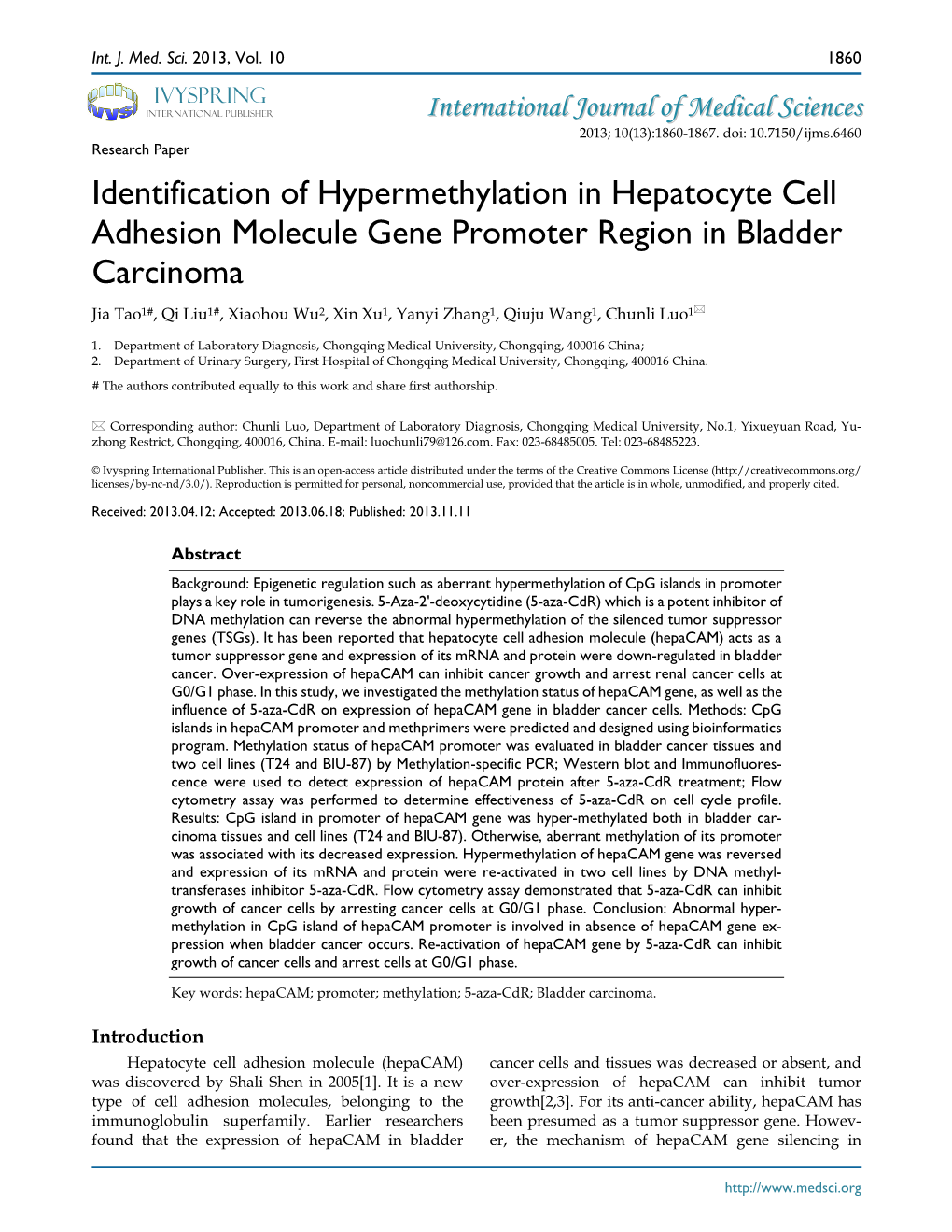 Identification of Hypermethylation in Hepatocyte Cell Adhesion Molecule Gene Promoter Region in Bladder Carcinoma