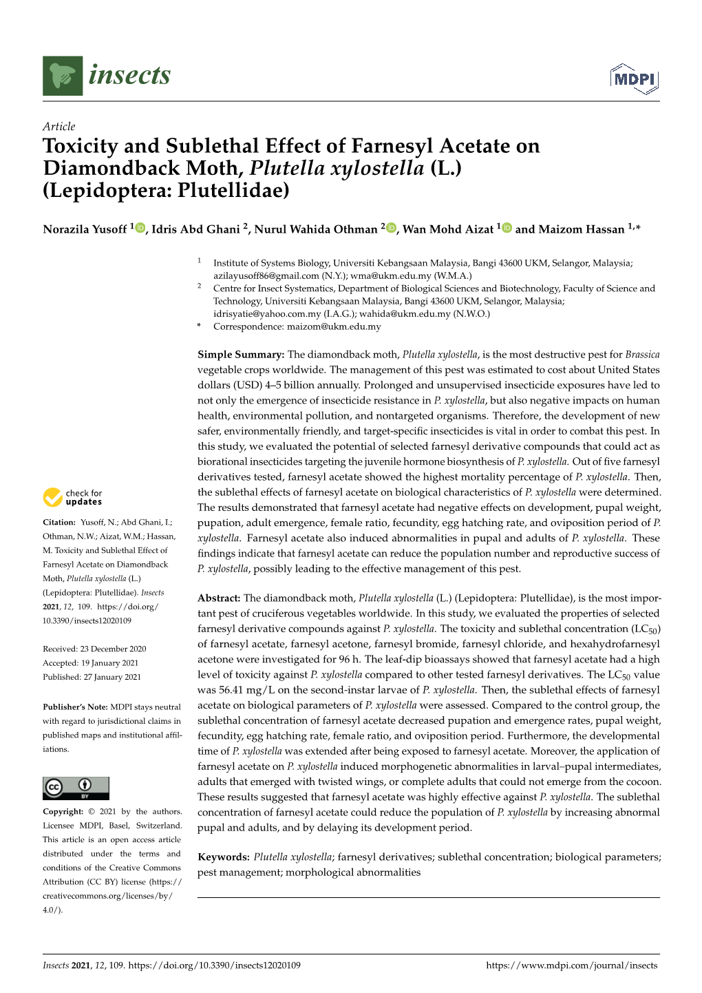 Toxicity and Sublethal Effect of Farnesyl Acetate on Diamondback Moth, Plutella Xylostella (L.) (Lepidoptera: Plutellidae)