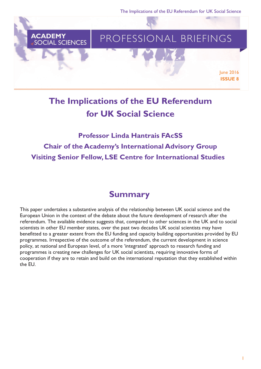 The Implications of the EU Referendum for UK Social Science Summary