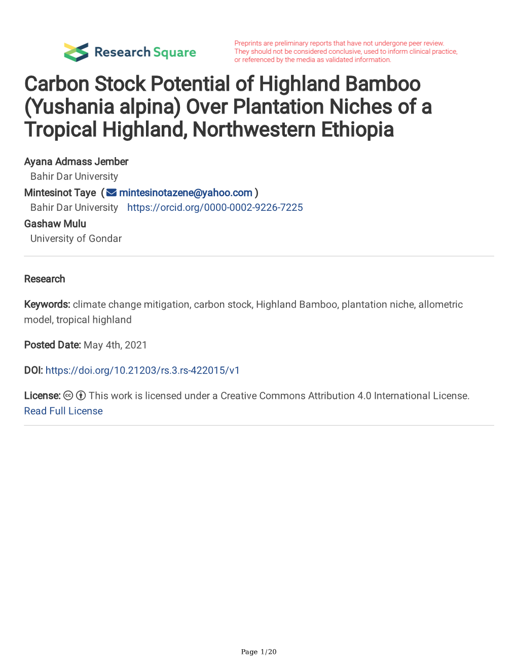 Carbon Stock Potential of Highland Bamboo (Yushania Alpina) Over Plantation Niches of a Tropical Highland, Northwestern Ethiopia