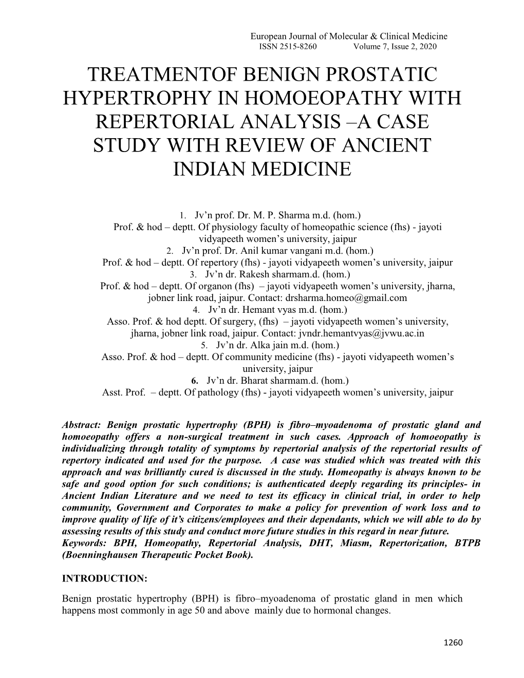 Treatmentof Benign Prostatic Hypertrophy in Homoeopathy with Repertorial Analysis –A Case Study with Review of Ancient Indian Medicine