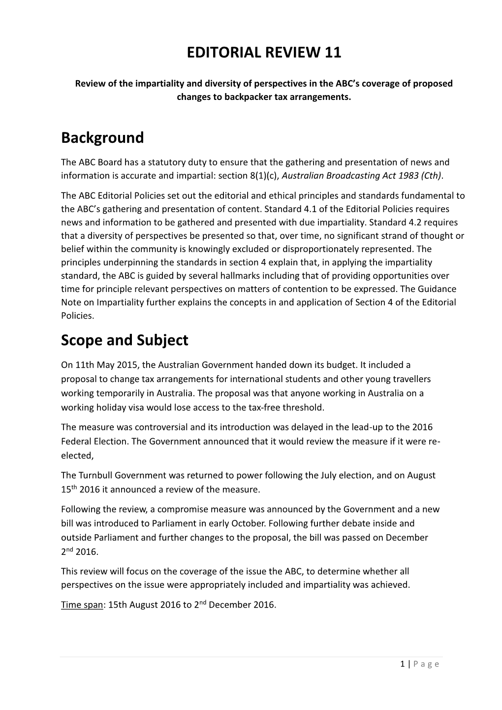 EDITORIAL REVIEW 11 Background Scope and Subject