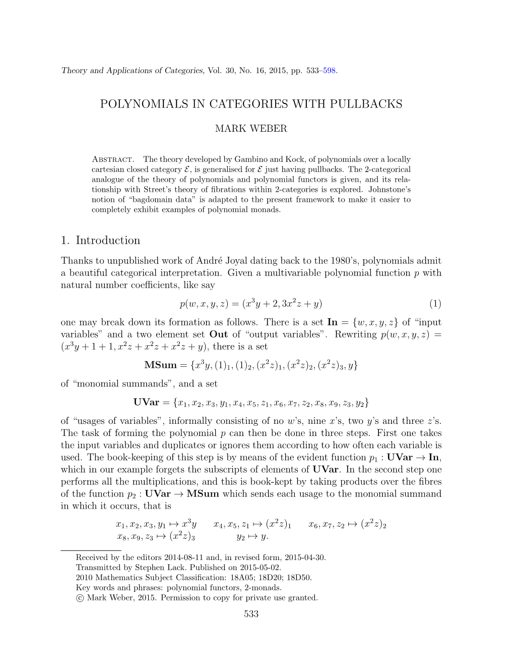 POLYNOMIALS in CATEGORIES with PULLBACKS 1. Introduction