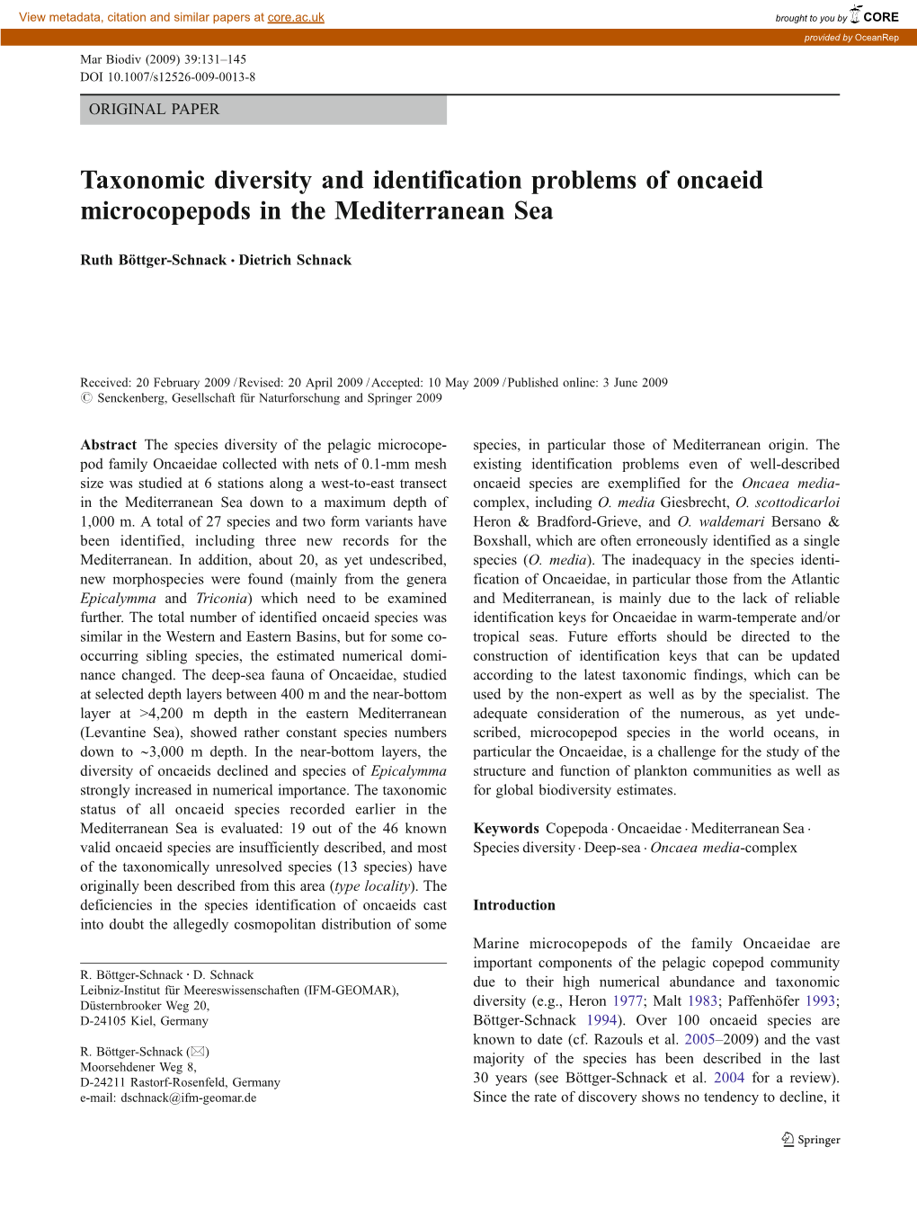 Taxonomic Diversity and Identification Problems of Oncaeid Microcopepods in the Mediterranean Sea