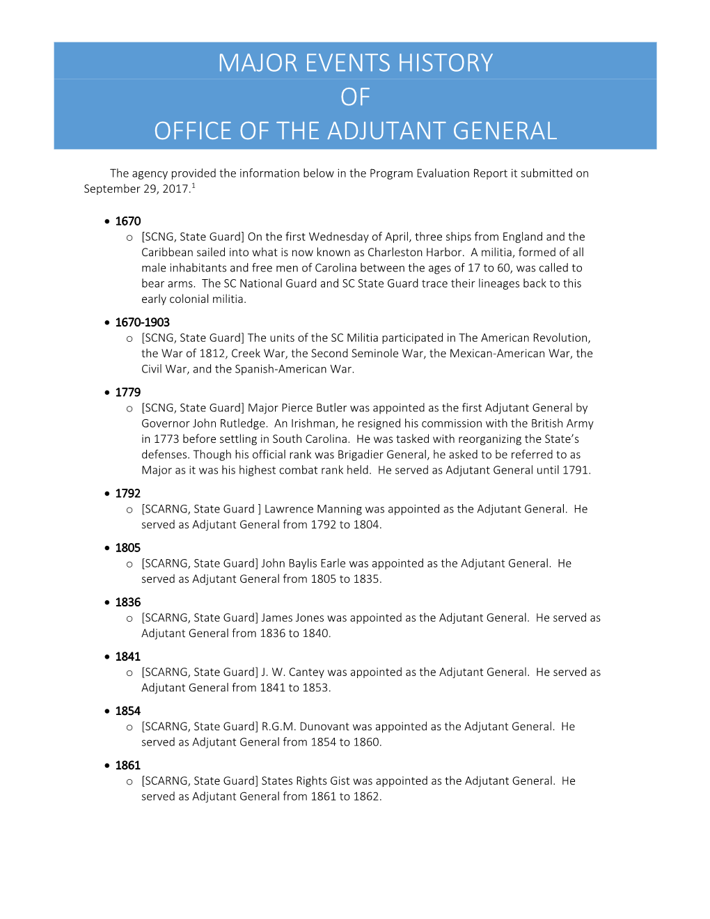 Major Events History of Office of the Adjutant General