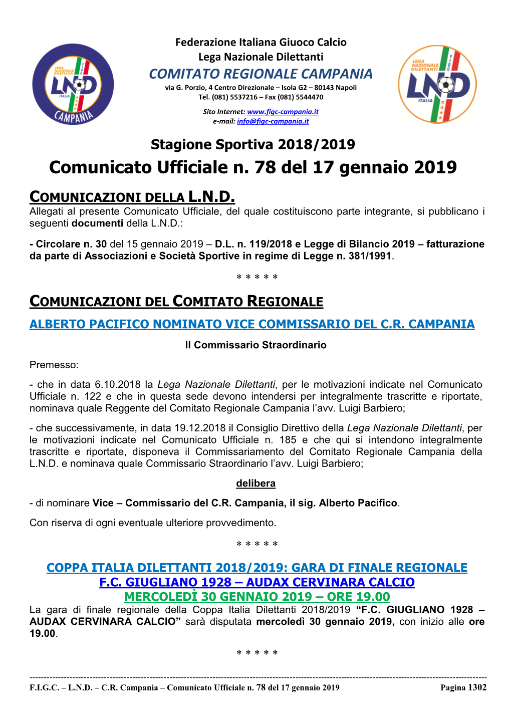 Comunicato Ufficiale N. 78 Del 17 Gennaio 2019