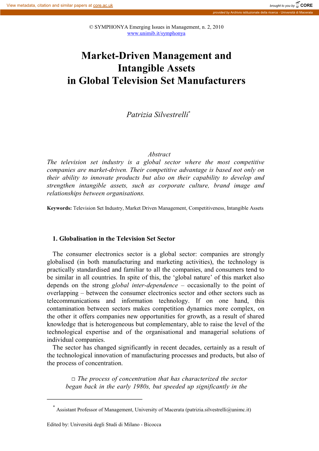 Market-Driven Management and Intangible Assets in Global Television Set Manufacturers