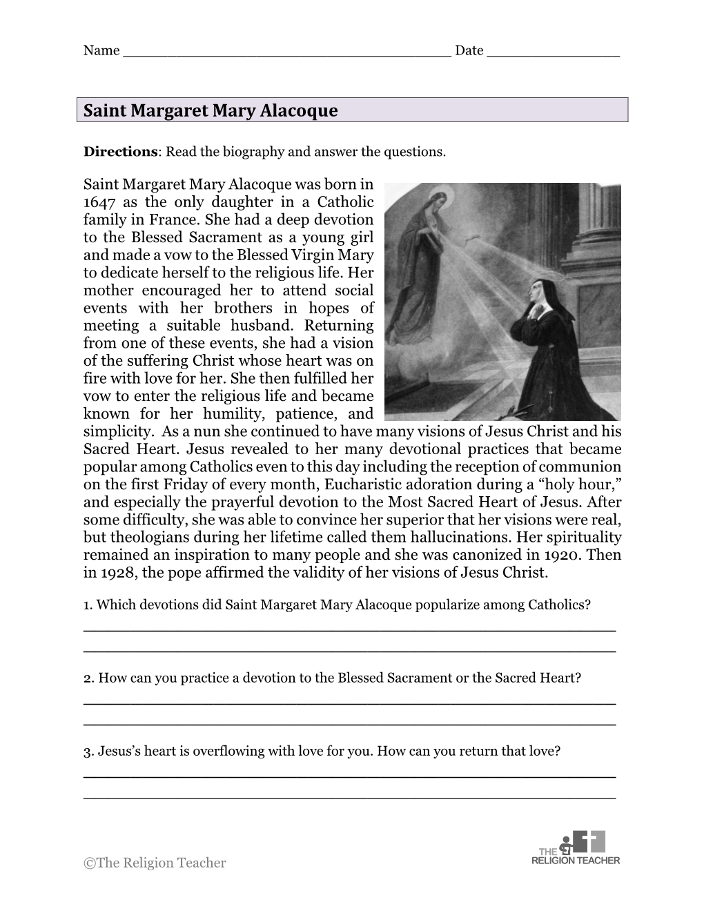 Saint Margaret Mary Alacoque Worksheet