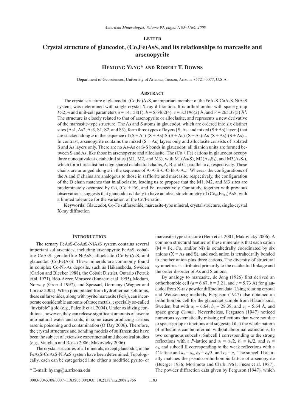 Crystal Structure of Glaucodot, (Co,Fe)Ass, and Its Relationships to Marcasite and Arsenopyrite