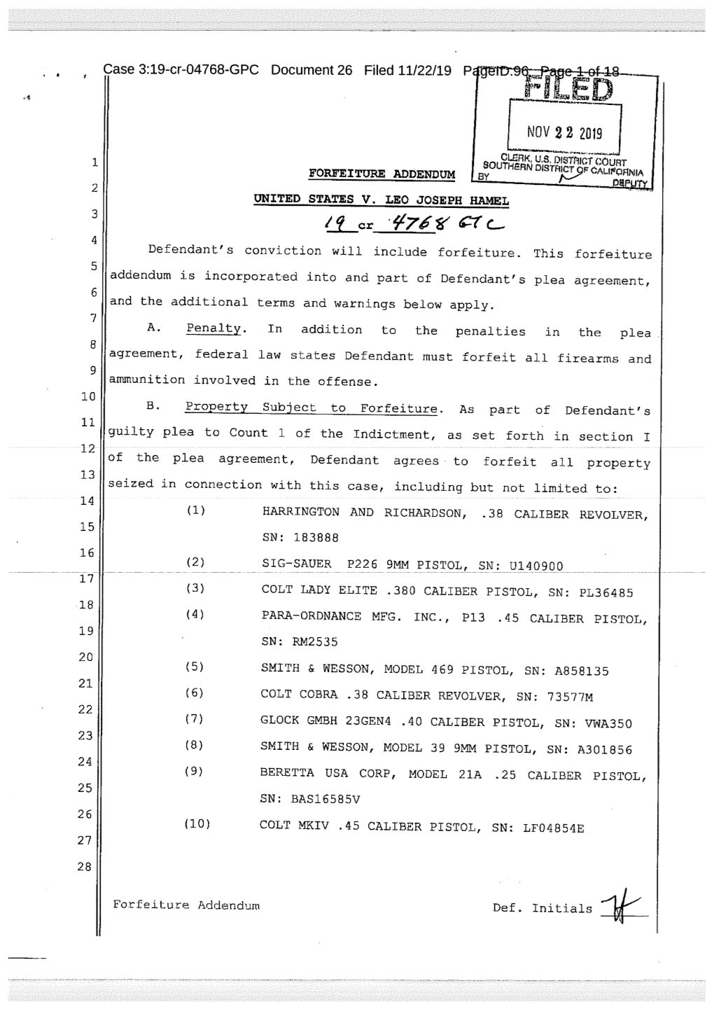 Forfeiture Addendum Re Leo Joseph Hamel