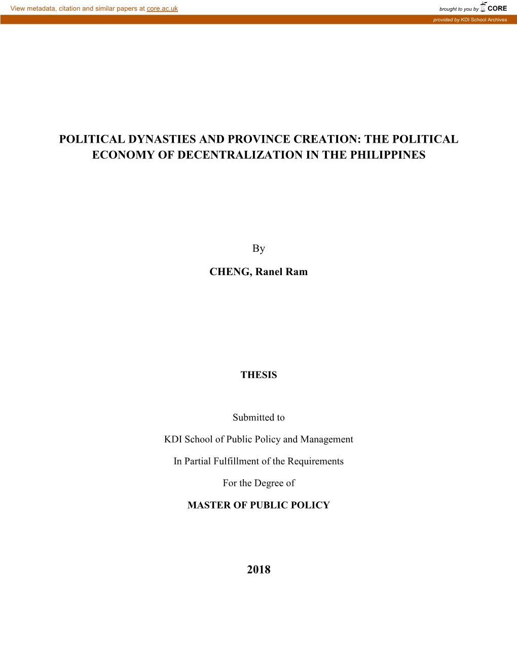 Political Dynasties and Province Creation: the Political Economy of Decentralization in the Philippines