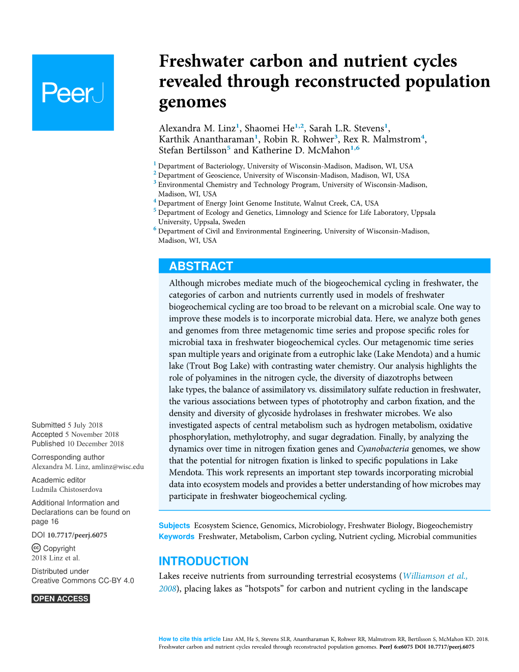 Freshwater Carbon and Nutrient Cycles Revealed Through Reconstructed Population Genomes