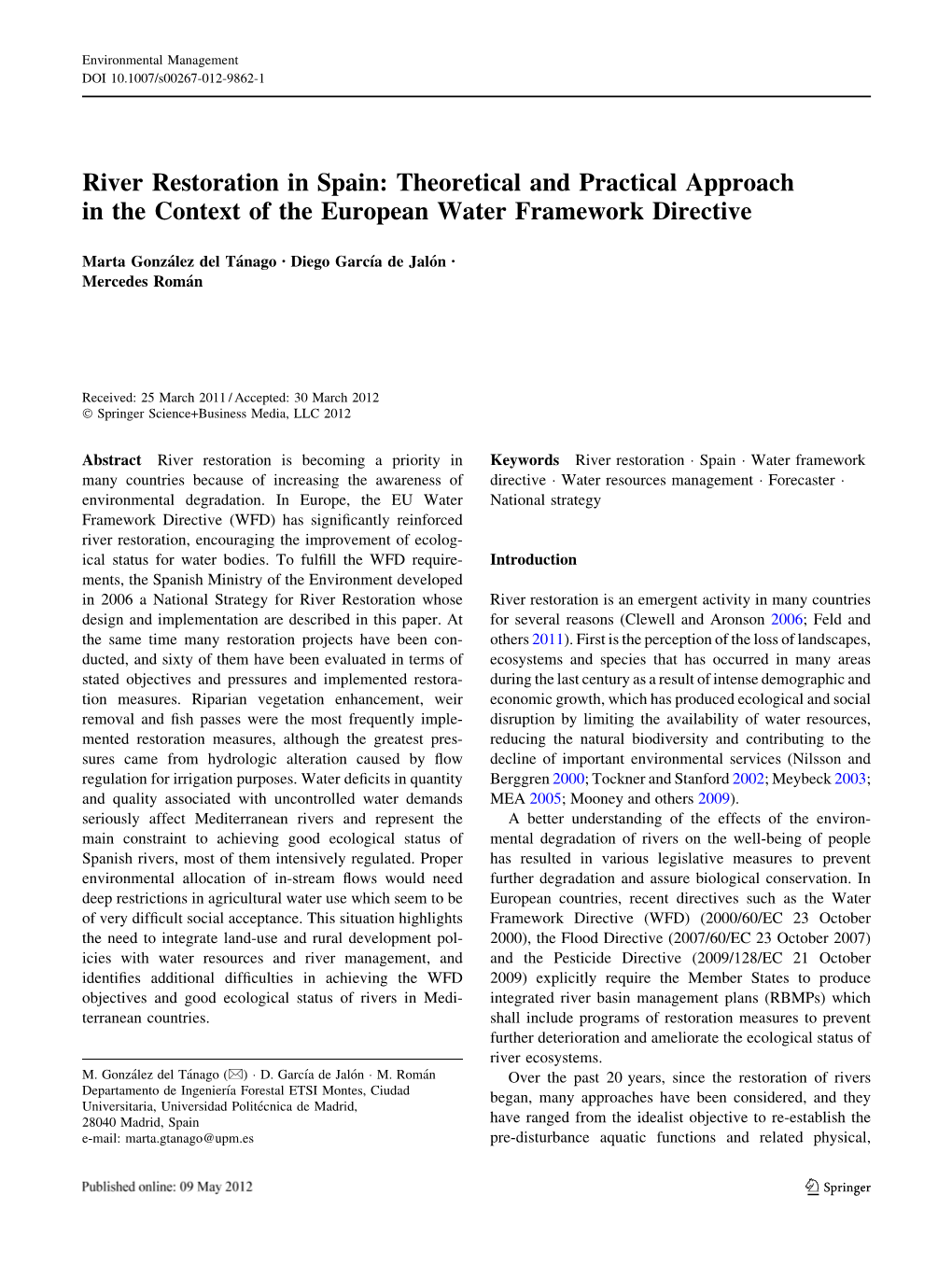 River Restoration in Spain: Theoretical and Practical Approach in the Context of the European Water Framework Directive