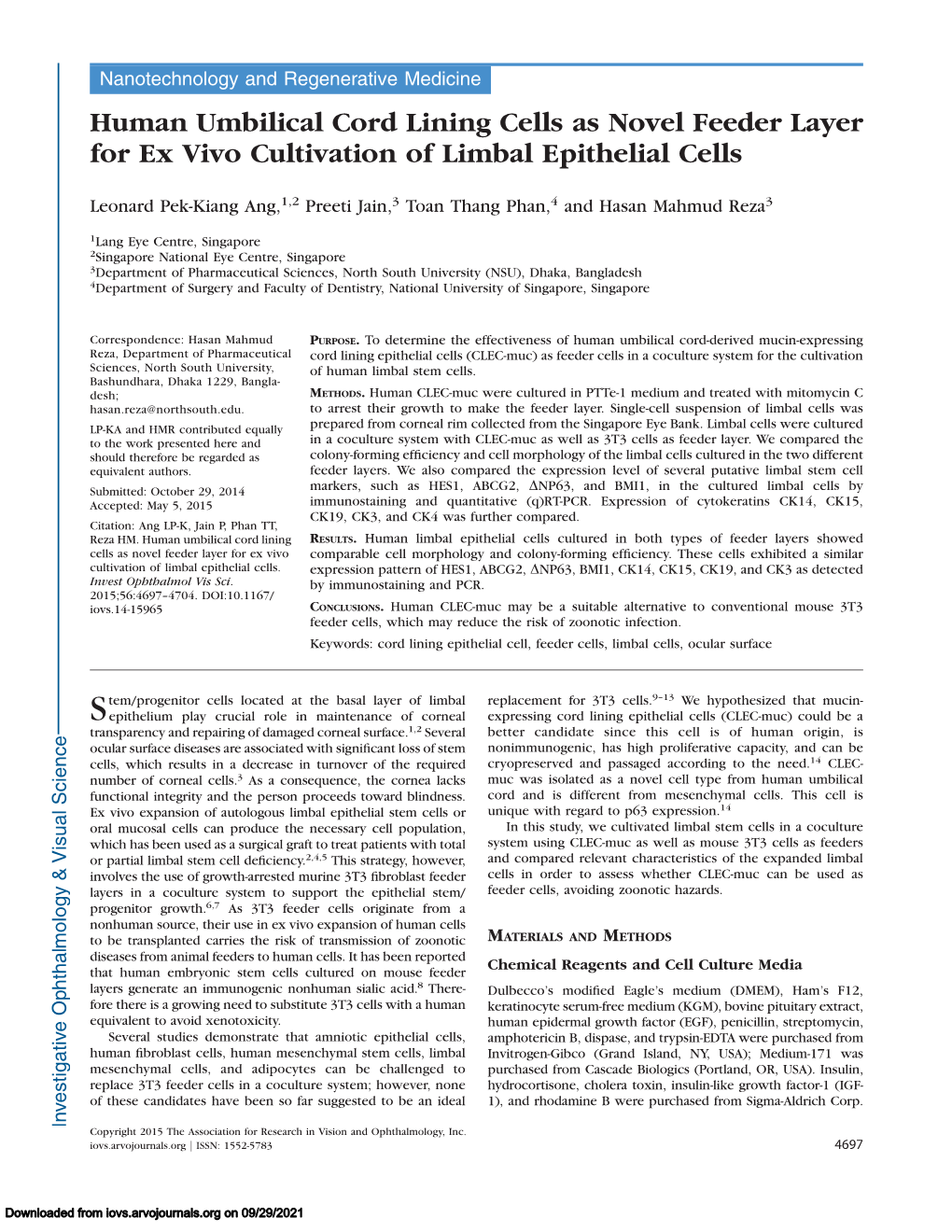Human Umbilical Cord Lining Cells As Novel Feeder Layer for Ex Vivo Cultivation of Limbal Epithelial Cells