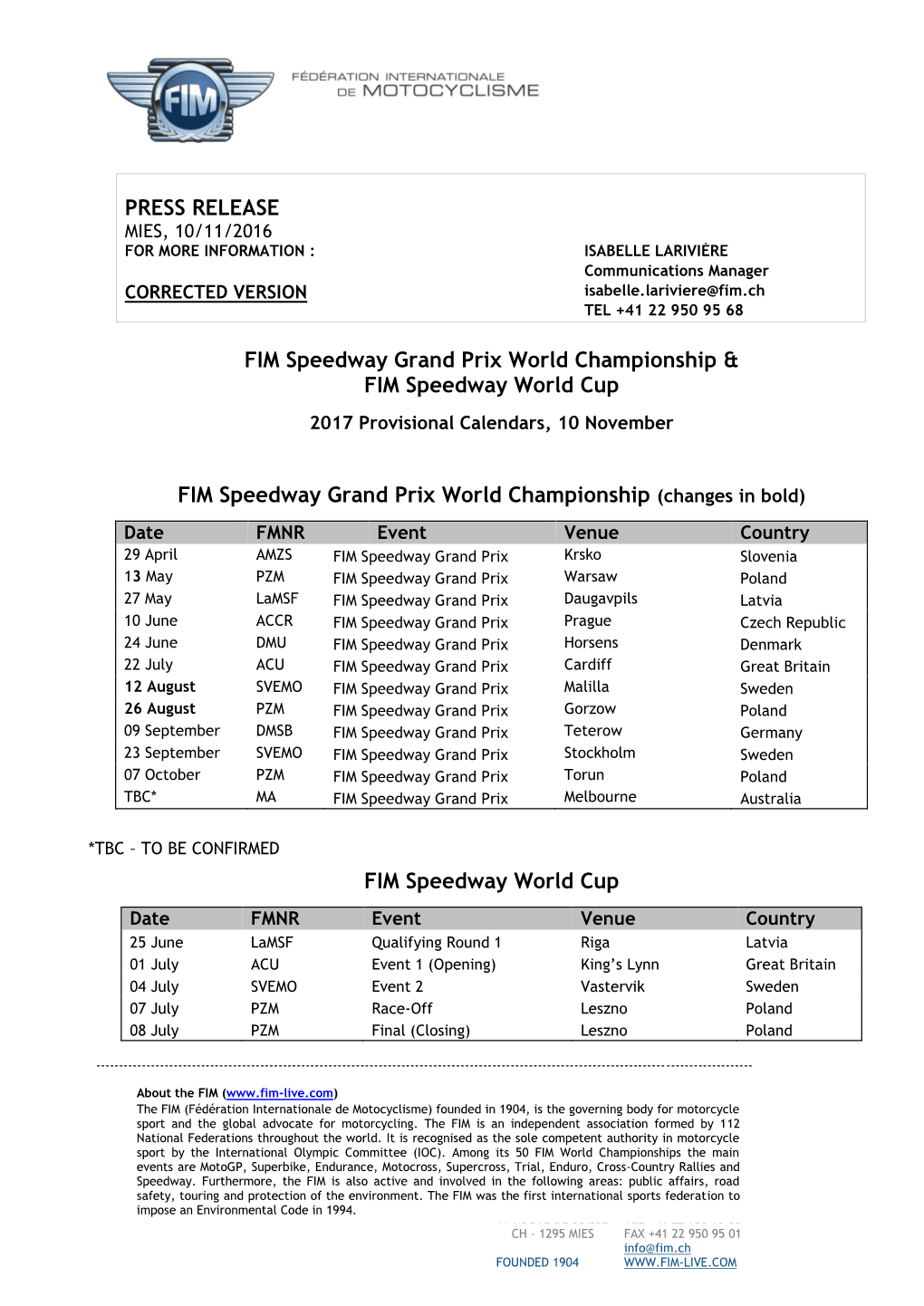 PRESS RELEASE FIM Speedway Grand Prix World Championship