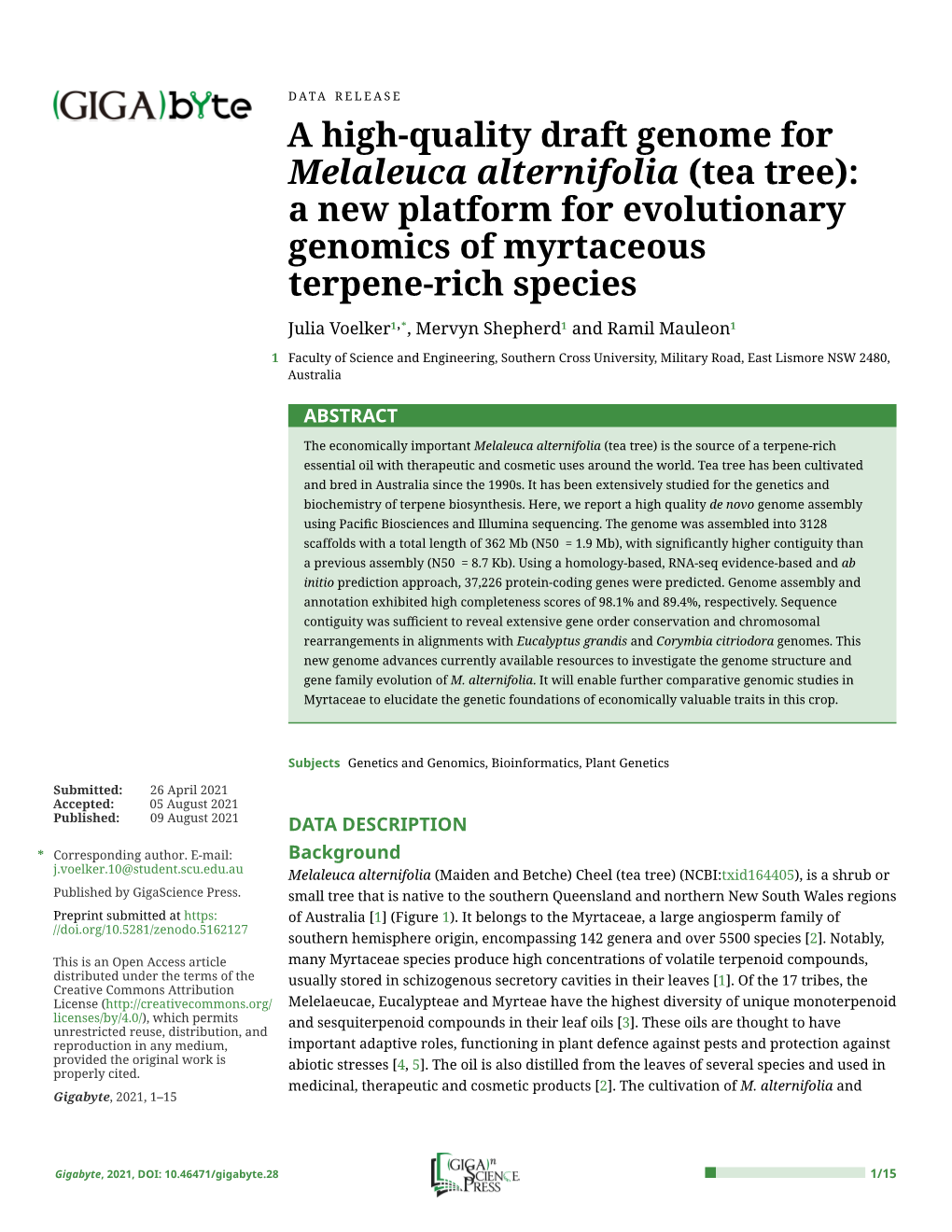 A High-Quality Draft Genome for Melaleuca Alternifolia (Tea Tree)