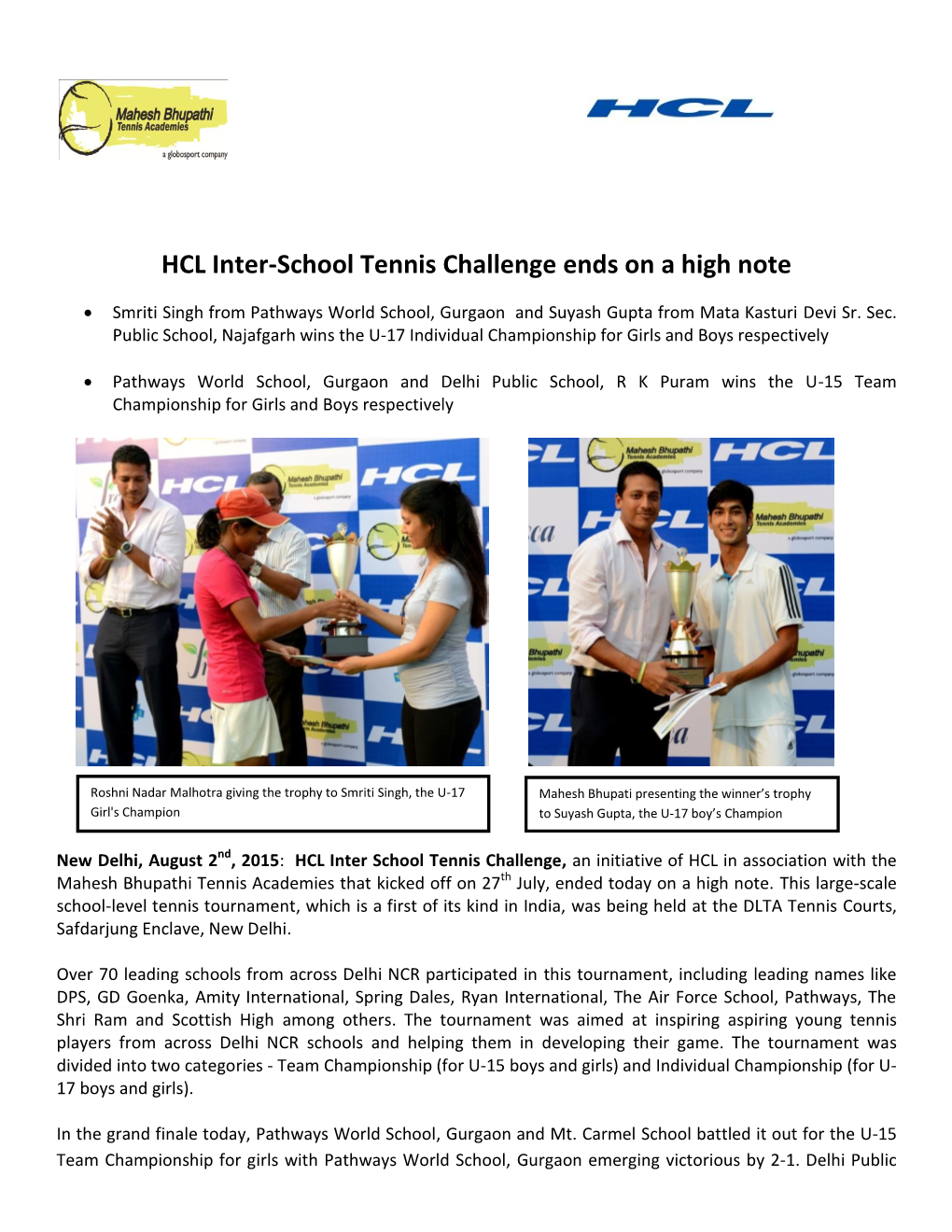 HCL Inter-School Tennis Challenge Ends on a High Note