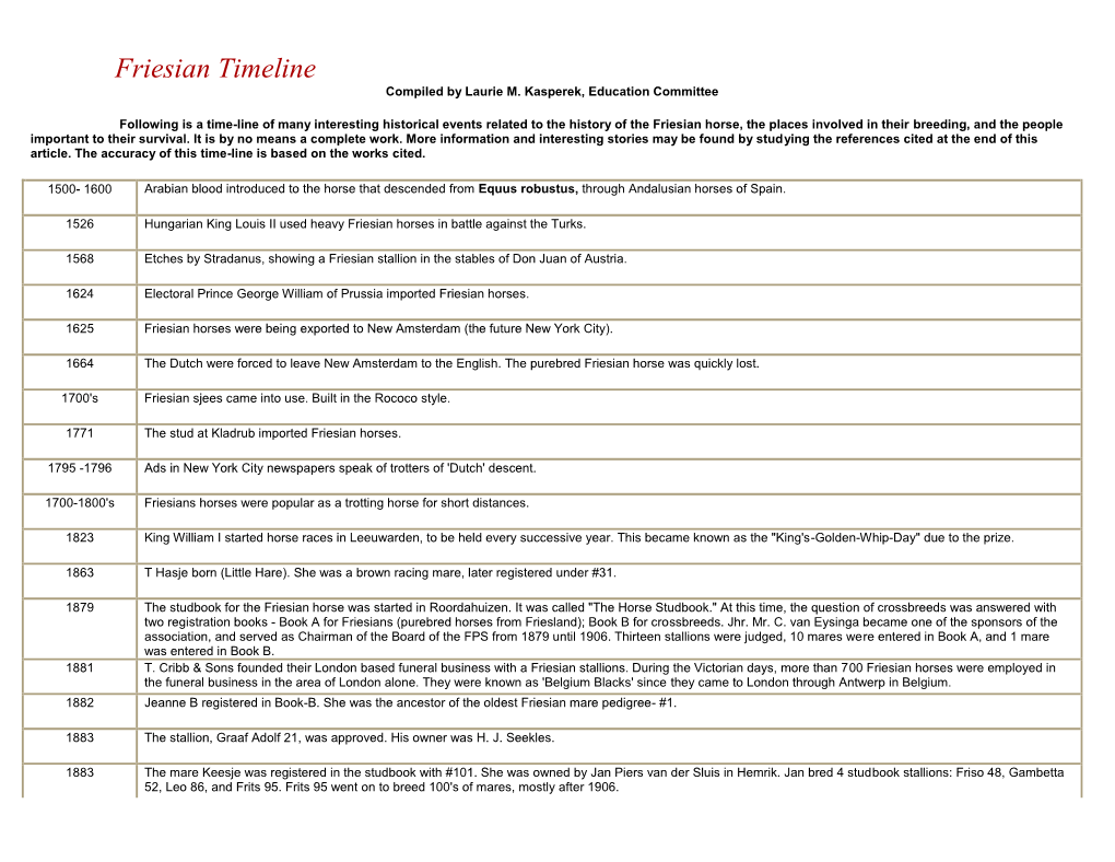 Friesian Timeline Compiled by Laurie M