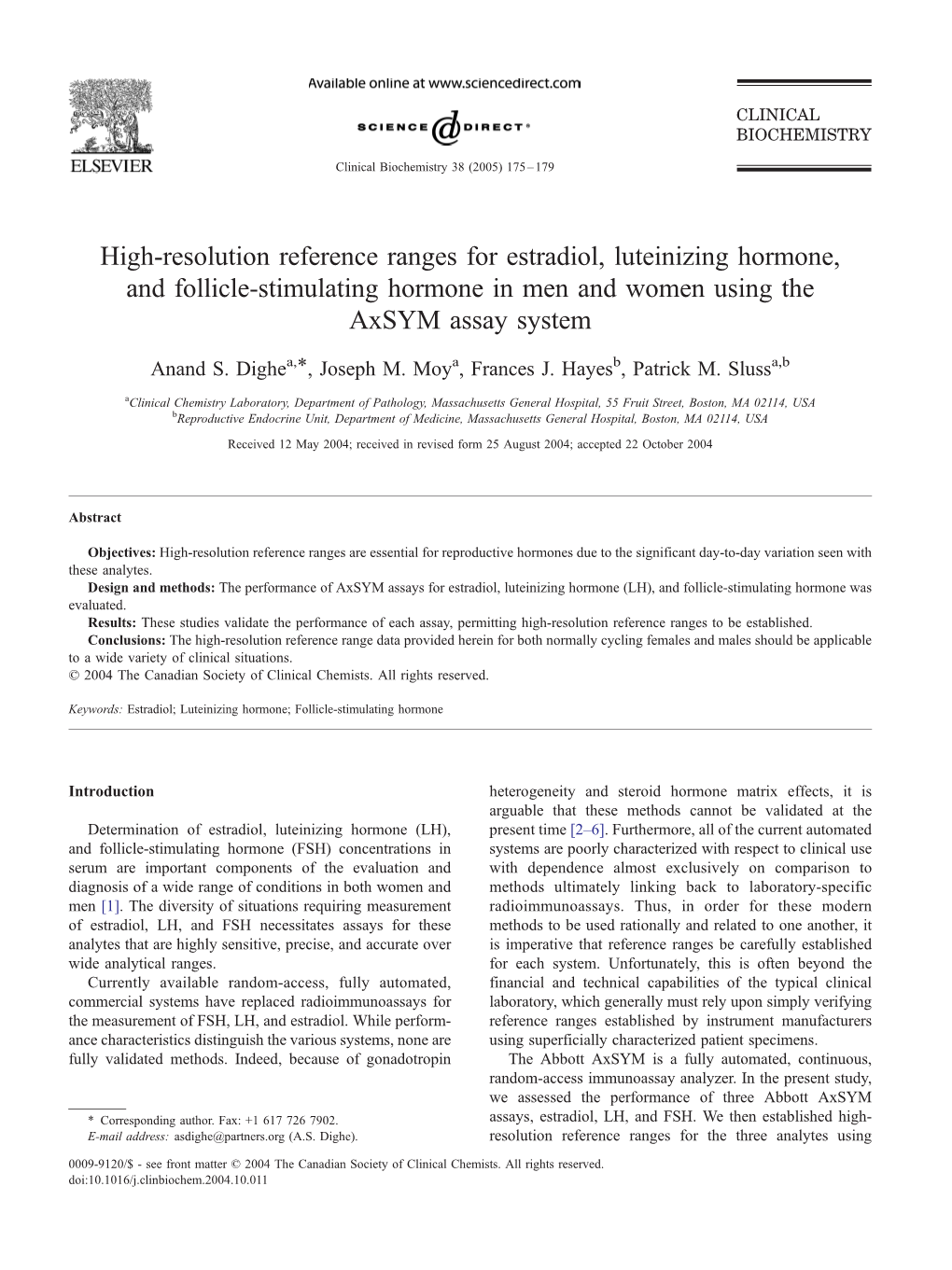 High-Resolution Reference Ranges for Estradiol, Luteinizing Hormone, and Follicle-Stimulating Hormone in Men and Women Using the Axsym Assay System